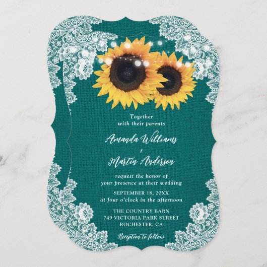 ティール(緑がかった色)ひまわりバーラップフローラレースカントリーウェディング 招待状 (正面/裏面)