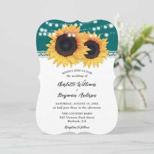 ティール(緑がかった色)ひまわりバーラップレースカントリーウェディング 招待状 (スタンド正面)