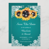 ティール（緑がかった色）ひまわり保存の日付カード セーブザデート (正面/裏面)