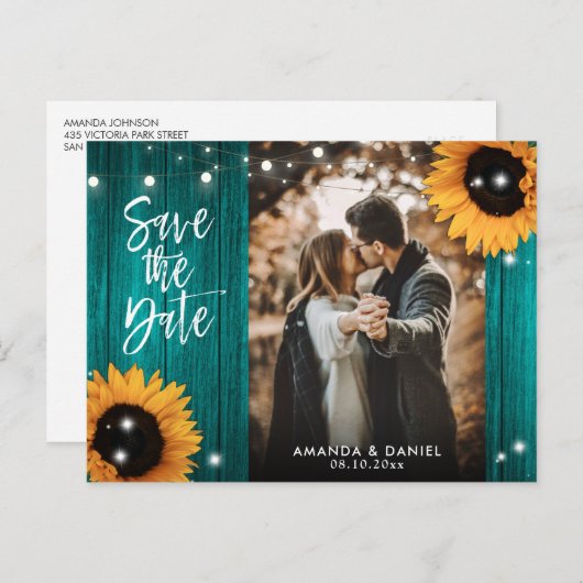 ティール(緑がかった色)ひまわり日付写真はがきを保存 案内ポストカード (正面/裏面)
