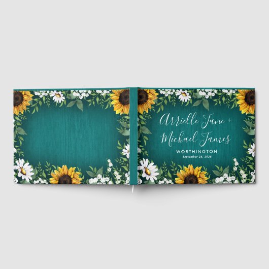 ティール（緑がかった色）ひまわり素朴カントリーウェディングゲストブック ゲストブック (全面)
