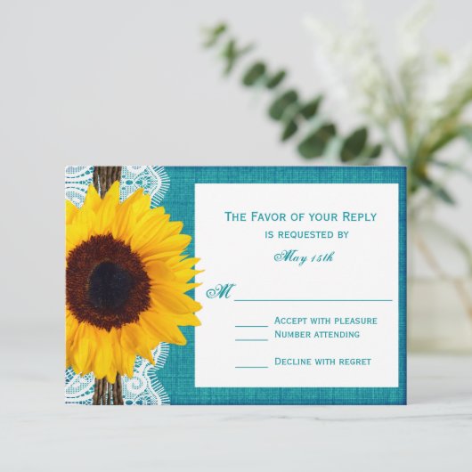 ティール（緑がかった色）ひまわり素朴国ウェディングRSVPカード 出欠カード (スタンド正面)