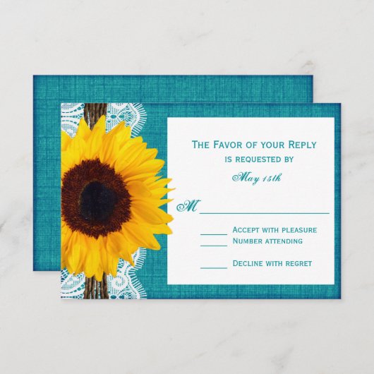 ティール（緑がかった色）ひまわり素朴国ウェディングRSVPカード 出欠カード (正面/裏面)
