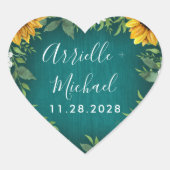 ティール（緑がかった色）ひまわり素朴結婚式の引き出物シール ハートシール (正面)