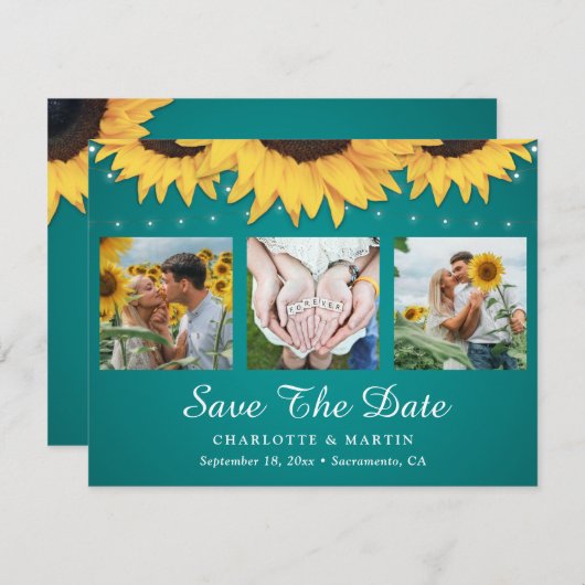 ティール（緑がかった色）ひまわり3フォトコラージュ結婚ズ セーブザデート (正面/裏面)