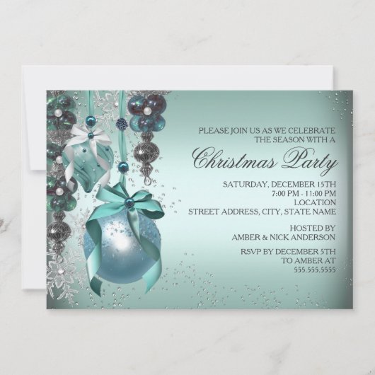 ティール（緑がかった色）ぶら下がったズオーナメントクリスマスパーティー招待状 招待状