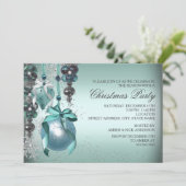 ティール（緑がかった色）ぶら下がったズオーナメントクリスマスパーティー招待状 招待状 (スタンド正面)