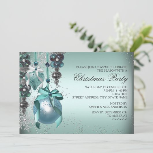ティール(緑がかった色)ぶら下がったズオーナメントクリスマスパーティー招待状 招待状 (スタンド正面)