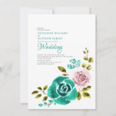 ティール(緑がかった色)ほこりっぽいバラ赤面結婚フローラ 招待状 (正面)