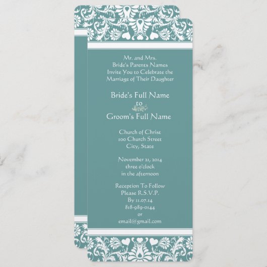 ティール(緑がかった色)または任意の色のダマスクスワーズ結婚式招待状 招待状 (正面/裏面)