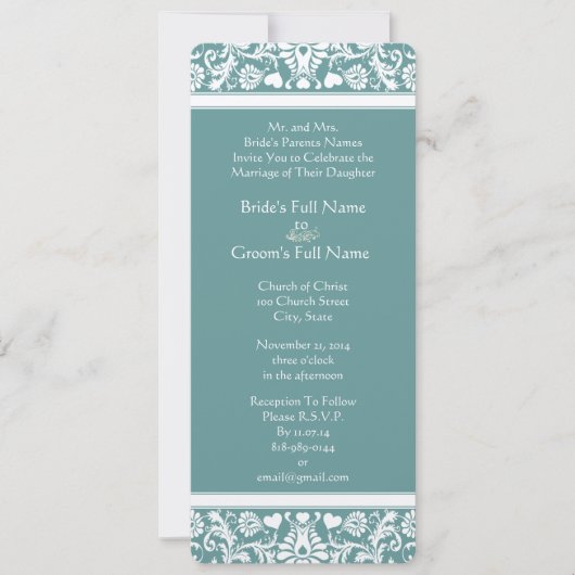 ティール（緑がかった色）または任意の色のダマスクスワーズ結婚式招待状 招待状 (正面)