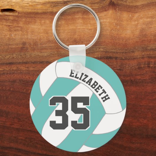 ティール(緑がかった色)または任意の色w白い女の子バレーボール キーホルダー (正面)