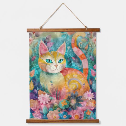 ティール（緑がかった色）アイズお洒落ネコ 吊り下げ型タペストリー (正面)