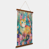 ティール（緑がかった色）アイズお洒落ネコ 吊り下げ型タペストリー (傾斜あり)