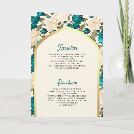 ティール(緑がかった色)アイボリーフローラオールインワンシーク結婚ズ 招待状 (裏面)