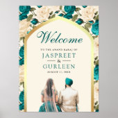 ティール（緑がかった色）アイボリーフローラAnand Karaj結婚のウェルカムサイン ポスター (正面)