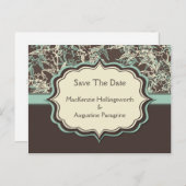 ティール(緑がかった色)アイボリーブラウンフローラ保存日付 案内ポストカード (正面/裏面)