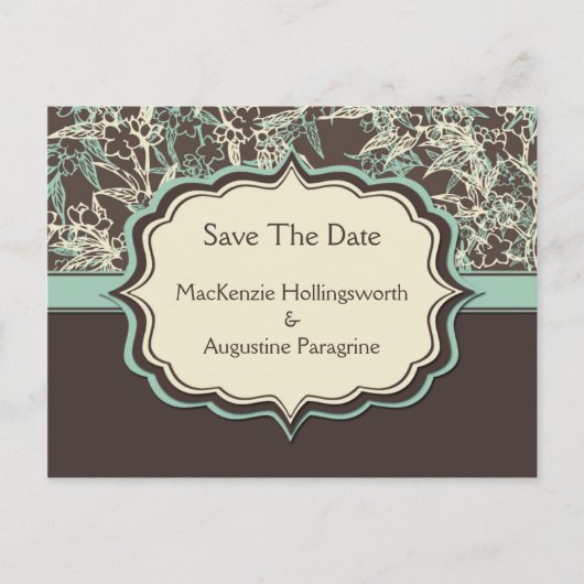 ティール(緑がかった色)アイボリーブラウンフローラ保存日付 案内ポストカード (正面)