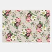 ティール(緑がかった色)、アクアおよびベージュヴィンテージフローラバラパターン ラッピングペーパーシート (正面2)