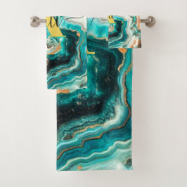 ティール（緑がかった色）アクアアガテゴールデンカスタムモノグラモダンム バスタオルセット