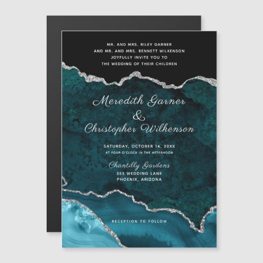 ティール(緑がかった色)アクアアガートシルバーグリッター結婚ズ マグネット招待状 (正面/裏面)