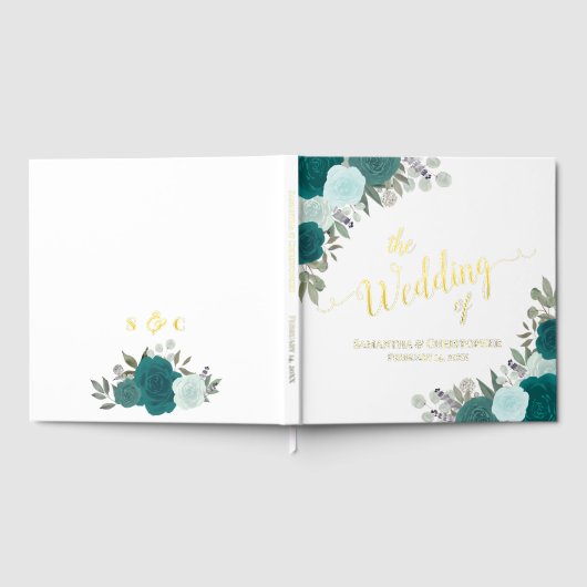 ティール（緑がかった色）&アクアエレガントボホシックバラフォイル結婚ズ ゲストブック (全面)