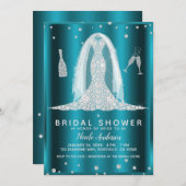 ティール（緑がかった色）アクアグラムダイヤモンド結婚ズドレスブライダルシャワー 招待状 (正面/裏面)