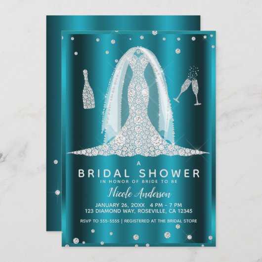 ティール（緑がかった色）アクアグラムダイヤモンド結婚ズドレスブライダルシャワー 招待状 (正面/裏面)