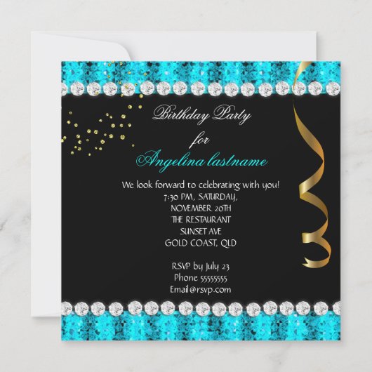 ティール(緑がかった色)アクアグラモールナイト金ゴールドブラック 招待状 (裏面)