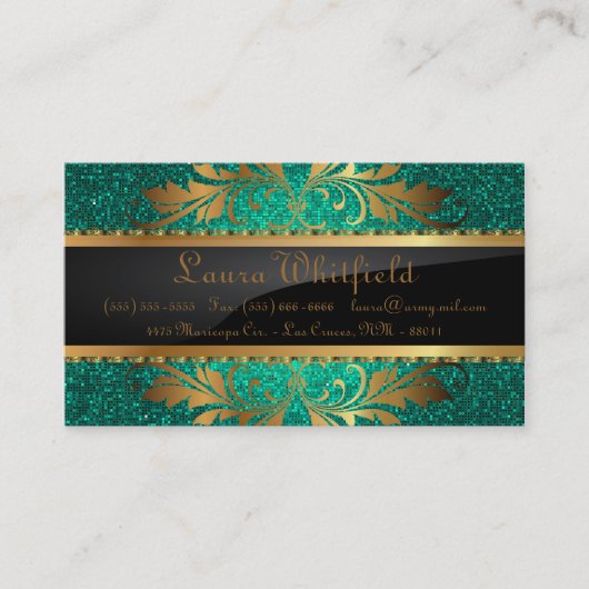 ティール(緑がかった色)アクアグリッターシークインディスコグリッツビジネスカード 名刺 (正面)