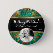 ティール(緑がかった色)アクアグリッターシークインディスコグリッツフォトボタン 缶バッジ (正面)