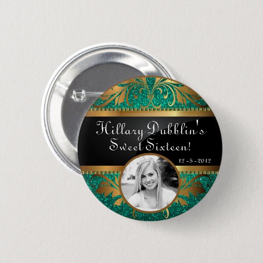 ティール(緑がかった色)アクアグリッターシークインディスコグリッツフォトボタン 缶バッジ (正面&裏面)