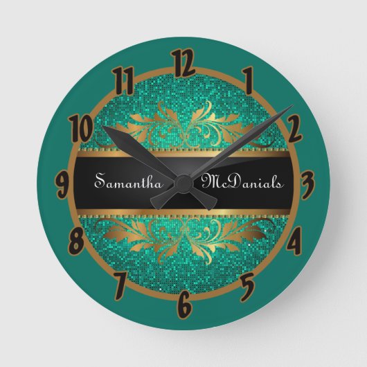 ティール(緑がかった色)アクアグリッターシークインディスコパーソナライズされたクロック ラウンド壁時計 (正面)