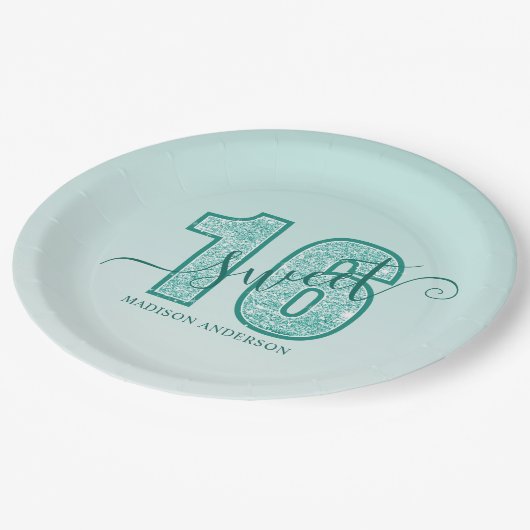 ティール（緑がかった色）アクアグリッタースクリプトスウィート16 ペーパープレート (アングル)