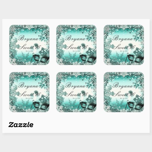 ティール(緑がかった色)アクアグリーンウィンターマスカレード&スノーフレーク スクエアシール (シート)