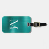 ティール（緑がかった色）アクアグリーンブラシ仕上げメタルスクリプトモノグラムグラム ラゲッジタグ (正面横)