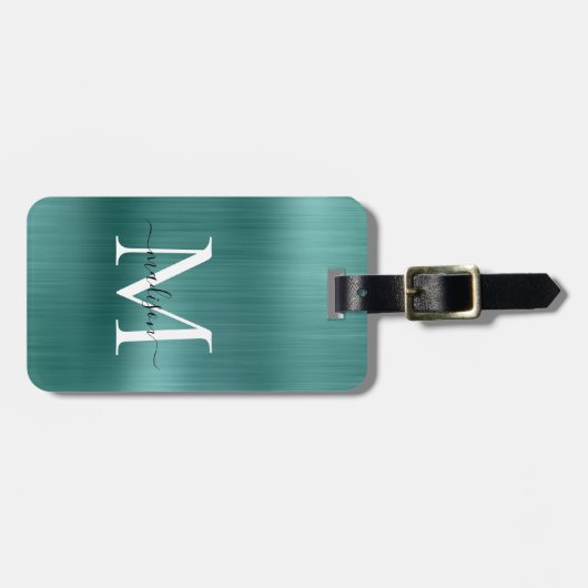 ティール（緑がかった色）アクアグリーンブラシ仕上げ金属箔スクリプトモノグラム ラゲッジタグ (正面横)