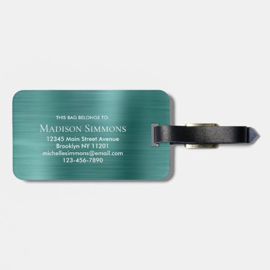 ティール（緑がかった色）アクアグリーンブラシ仕上げ金属箔スクリプトモノグラム ラゲッジタグ (裏面横)