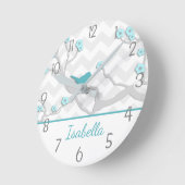 ティール（緑がかった色）アクアグレーバードオンブランチ子供部屋ウォールクロック ラウンド壁時計 (傾斜)