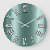 ティール(緑がかった色)アクアグレーメタルグレーシルバーローマ数字 ラージ壁時計 (正面)