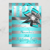 ティール（緑がかった色）アクアシルバストライプーのボーパールバースデーパーティー2 招待状 (正面/裏面)