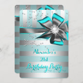 ティール(緑がかった色)アクアシルバストライプーボウパールバースデーパーティー 招待状 (正面/裏面)