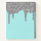 ティール(緑がかった色)アクアシルバースパークルグリッタードリップスモノグラム ノートブック (裏面)