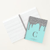ティール(緑がかった色)アクアシルバースパークルグリッタードリップスモノグラム ノートブック (内部)