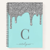 ティール（緑がかった色）アクアシルバースパークルグリッタードリップスモノグラム ノートブック (正面)