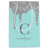 ティール（緑がかった色）アクアシルバースパークルグリッタードリップスモノグラム ミディアムペーパーバッグ (正面)