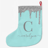 ティール（緑がかった色）アクアシルバースパークルグリッタードリップスモノグラム ラージクリスマスストッキング (裏面)