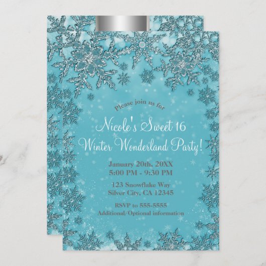 ティール(緑がかった色)アクアスノーフレークスウィンターワンダーランドパーティー 招待状 (正面/裏面)