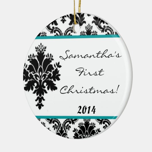 ティール(緑がかった色)アクアダマスレースパーソナライズされたネームオーナメント セラミックオーナメント (左)