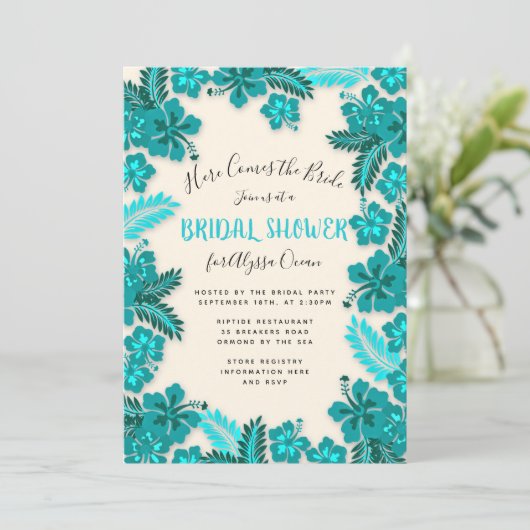 ティール（緑がかった色）アクアハイビスカストロピカルブライダルシャワー招待状 招待状 (スタンド正面)
